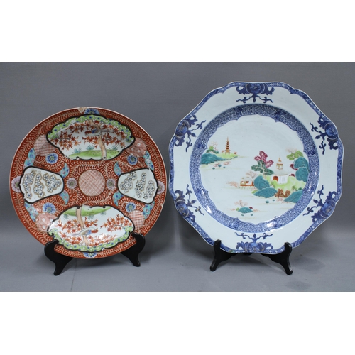 437 - Famille rose meat drainer dish, 43cm long (chip to rim), Chinese blue and white charger with scallop... 