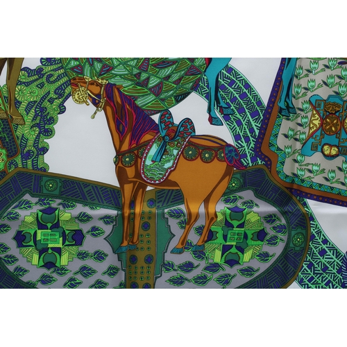 444 - Hermes Silk Scarf, Art des Steppes, designed by Annie Faivre, with Hermes orange box, ribbon and car... 