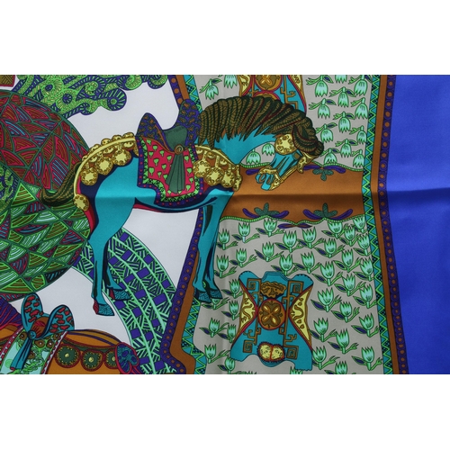 444 - Hermes Silk Scarf, Art des Steppes, designed by Annie Faivre, with Hermes orange box, ribbon and car... 