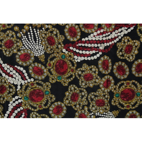 446 - Chanel silk scarf, black ground with ruby and emerald jewel pattern, 85 x 85cm