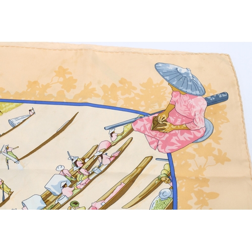 452 - Hermes silk scarf Marche Flottant du Lac Inle, designed by Dimitri Rybaltchenko, signed with 100% si... 