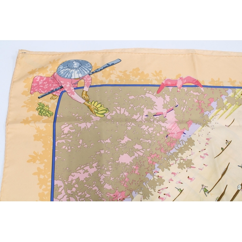 452 - Hermes silk scarf Marche Flottant du Lac Inle, designed by Dimitri Rybaltchenko, signed with 100% si... 