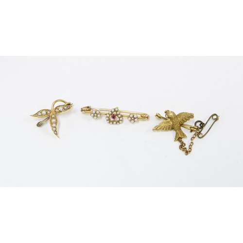 46 - 15ct gold bird brooch, 15ct gold seed pearl brooch and an unmarked yellow metal seed pearl and ruby ... 