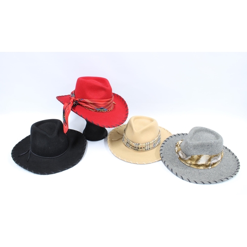 463 - Four Liz Claiborne felt hats, one with a Burberry trim and one with a Cornelia James silk scarf (a l... 