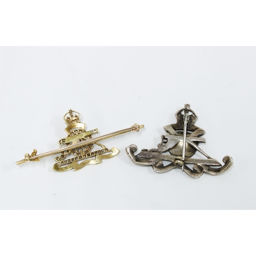 48 - 15ct gold  Royal Artillery Sweetheart Brooch, 4.5cm long and a Royal Artillery marcasite brooch