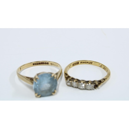 5 - 18ct ring, claw set with diamonds (size P) -one stone lacking - and a 9ct gold paste set dress ring ... 