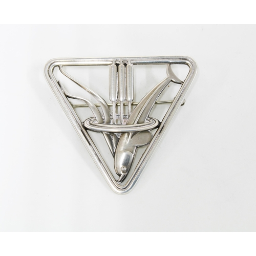 51 - Arno Malinowski (1899-1976) for Georg Jensen Sterling silver dolphin brooch, makers mark and numbere... 