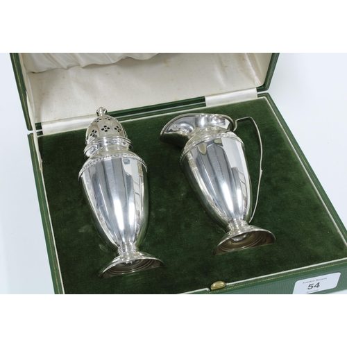 54 - George VI silver sugar castor and matching cream jug,  Birmingham 1937, in fitted box (2)