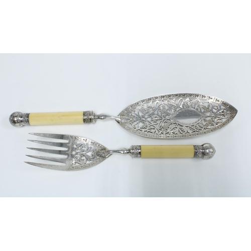 57 - Victorian silver fish servers, William Hutton & Sons,  London 1900, with composite handles and silve... 