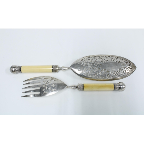 57 - Victorian silver fish servers, William Hutton & Sons,  London 1900, with composite handles and silve... 