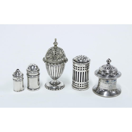 59 - Miniature silver salt and pepper pots, Chester 1923, Birmingham silver pepper pot with blue glass li... 