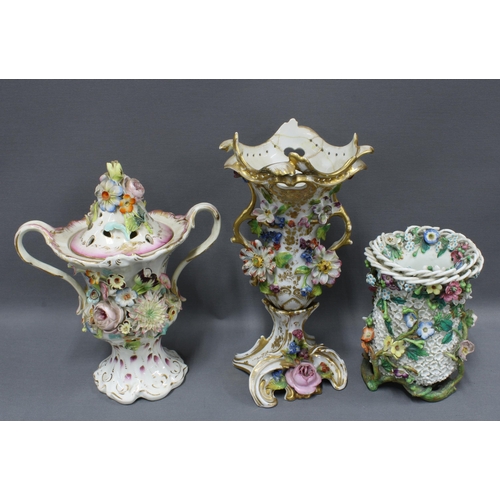 200 - Coalbrookdale type floral encrusted porcelain vases, one with a cover (3) (a/f)