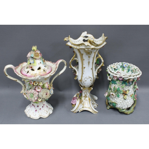 200 - Coalbrookdale type floral encrusted porcelain vases, one with a cover (3) (a/f)