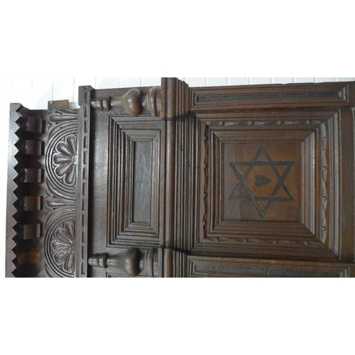 254 - Oak tester bed, triple inlaid panelled back and carved lozenge panelled canopy. 250 x 154 x 220cm. (... 