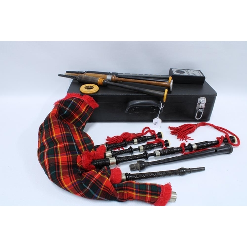 298 - Scottish lowland bagpipes, 20th century, nickel mounts, tartan bag and a chanter stamped 'R.G.Hardie... 