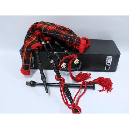 298 - Scottish lowland bagpipes, 20th century, nickel mounts, tartan bag and a chanter stamped 'R.G.Hardie... 