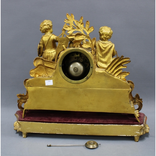 103 - French gilt metal figural mantle clock, with a circular dial with roman numerals within a classical ... 