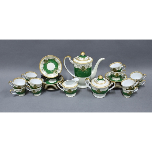 105 - Japanese porcelain coffee set, green and white ground with gilt highlights, 12 place setting