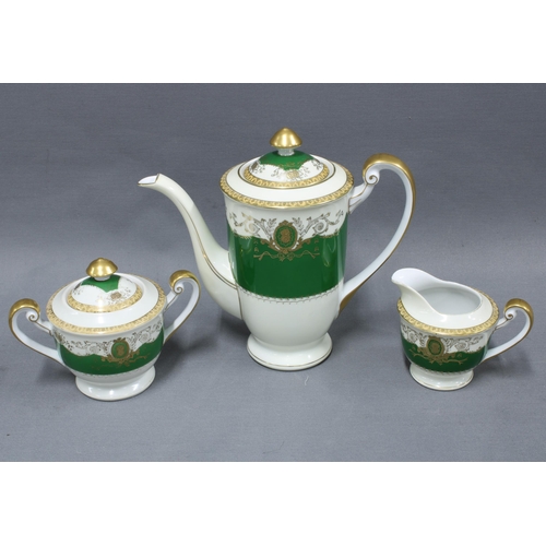 105 - Japanese porcelain coffee set, green and white ground with gilt highlights, 12 place setting