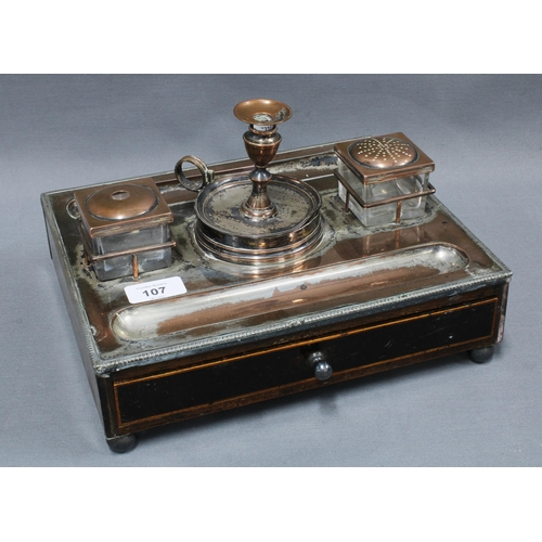 107 - Georgian desk inkstand, the top with silver plate on copper candlestick, pounce pot, inkwell and pen... 