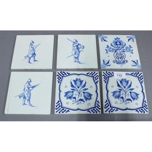 112 - Six Delft blue and white tiles, 13.5cm (6)