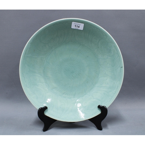 114 - Chinese celadon charger with an incised floral pattern, 34cm