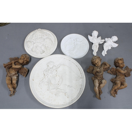 117 - Vietnamese basket, plaster cherub plaques, pair of brass planters and other cherubs (13)