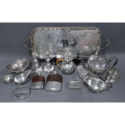 119 - Quantity of Epns wares to include a tray, two hip flask, candlesticks, teapot, salts and boxes etc (... 