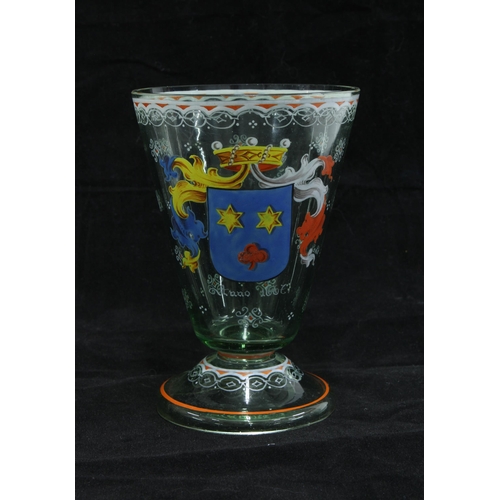 131 - Heraldic enamelled glass with trumpet bowl and circular footrim, 13cm