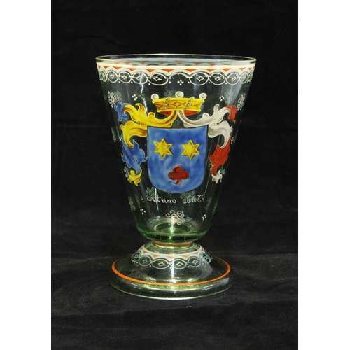 131 - Heraldic enamelled glass with trumpet bowl and circular footrim, 13cm