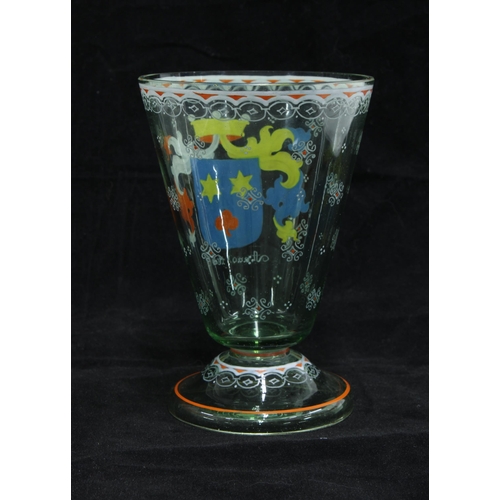 131 - Heraldic enamelled glass with trumpet bowl and circular footrim, 13cm