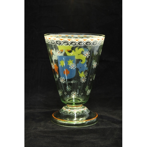 131 - Heraldic enamelled glass with trumpet bowl and circular footrim, 13cm