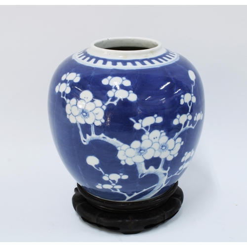 145 - Chinese blue and white prunus jar with chinoiserie stand, c3936