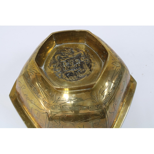 146 - Chinese brass / bronze hexagonal bowl with character marks to the base, 26cm