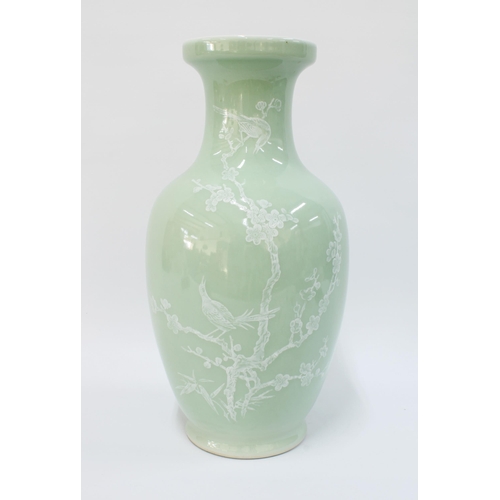 150 - Chinese Jingdezhen celadon vase with blossom pattern and blue seal mark to base, 35cm