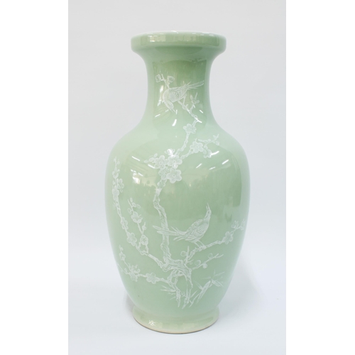 150 - Chinese Jingdezhen celadon vase with blossom pattern and blue seal mark to base, 35cm