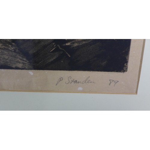 169 - P. Standen, 'Demolition' etching, signed and dated '89, framed under glass, 45 x 30