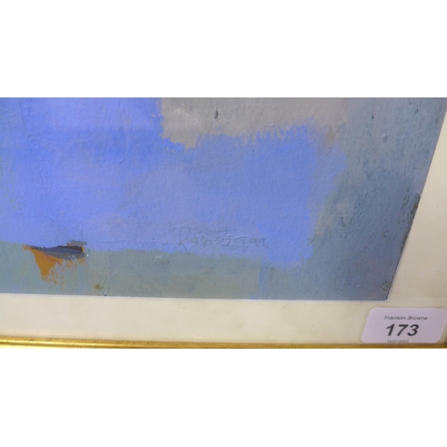 173 - Contemporary school abstract oil on card, signed indistinctly and dated '99, framed under glass, 35 ... 