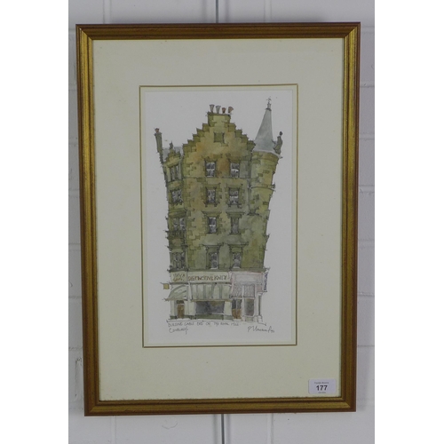 177 - Peter Michael, 'Building Gable End on Royal Mile', watercolour, signed and dated '92 with an Open Ey... 