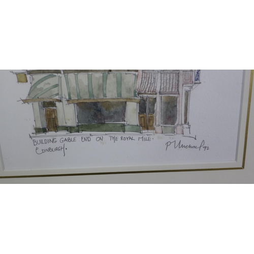 177 - Peter Michael, 'Building Gable End on Royal Mile', watercolour, signed and dated '92 with an Open Ey... 