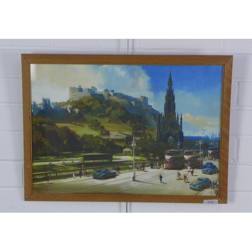 179 - After Wootton, a coloured print of Princes Street with view of Edinburgh Castle, framed under glass,... 