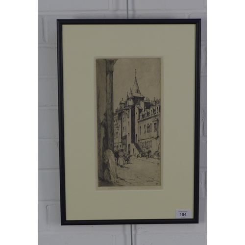 184 - Canongate Tolbooth Edinburgh, etching, signed indistinctly, framed under glass, 15 x 30cm