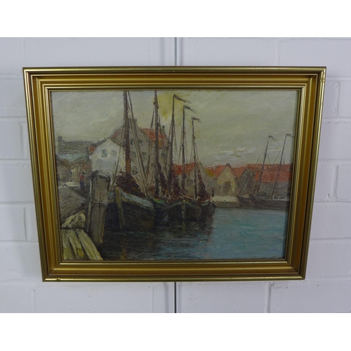 185 - Early 20th century school, harbour scene oil on canvas, signed with initials MH, framed, 40 x 30cm