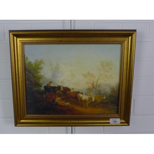 189 - Reproduction oil painting, rural scene with cattle, framed, 34 x 26cm