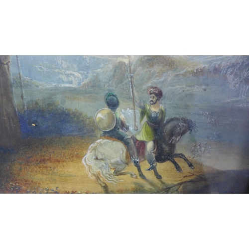 190 - 19th century watercolour with two figures on horseback, apparently unsigned, framed under glass, 20 ... 