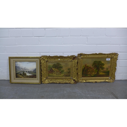 195 - Two printed reproduction paintings on tin, in ornate frames, together with framed porcelain tile / p... 