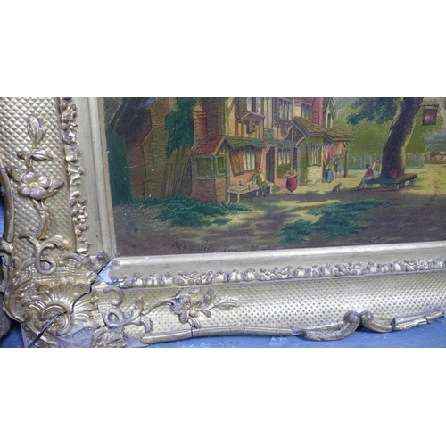 195 - Two printed reproduction paintings on tin, in ornate frames, together with framed porcelain tile / p... 