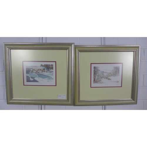 197 - Buridge, Depth of Winter and Snowfall, two coloured screen prints, singed and framed under glass, 14... 