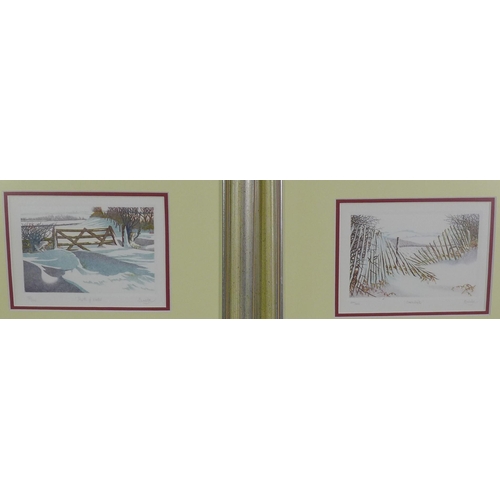 197 - Buridge, Depth of Winter and Snowfall, two coloured screen prints, singed and framed under glass, 14... 