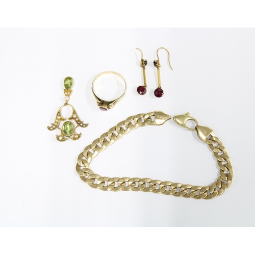 2 - Gold curb link bracelet, stamped 9k Italy, together with a 15ct gold peridot and seed pearl pendant ... 